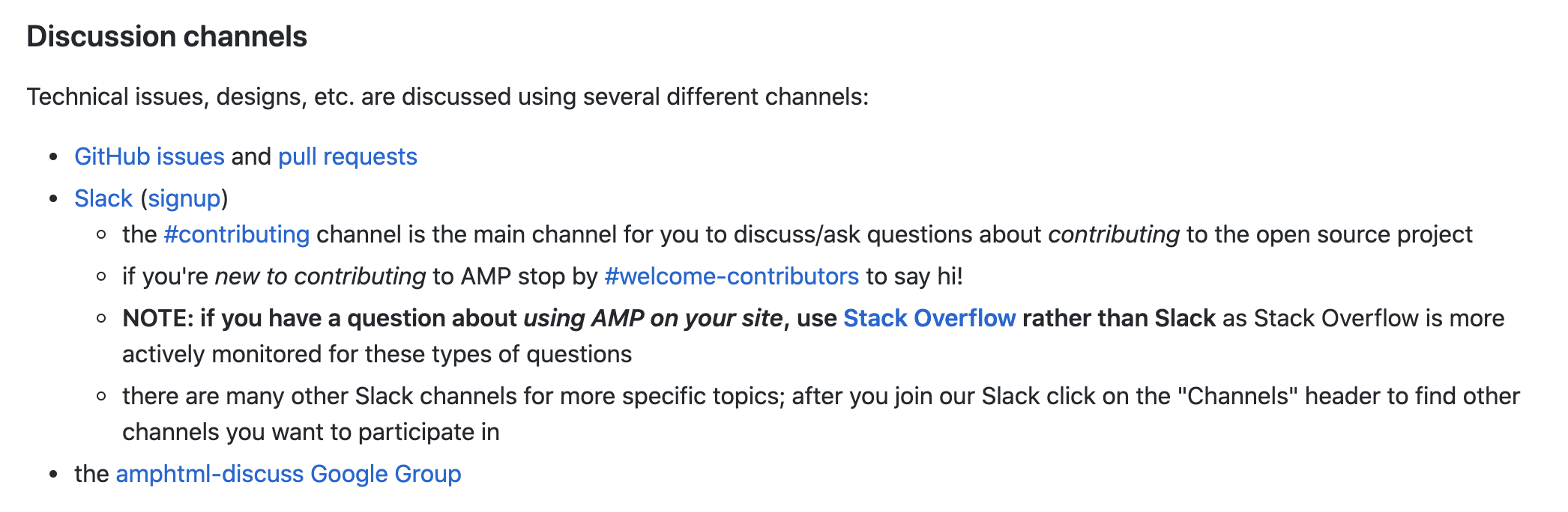 AMP Discussion Channel List - GitHub Issues, Slack, Stack Overflow, amphtml-discuss Google Group