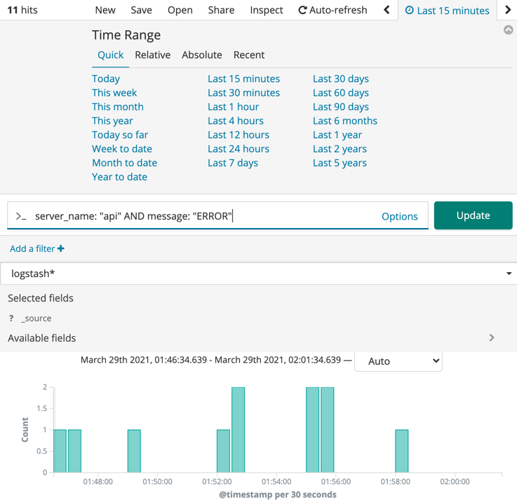 kibana basic search query result for error tracking